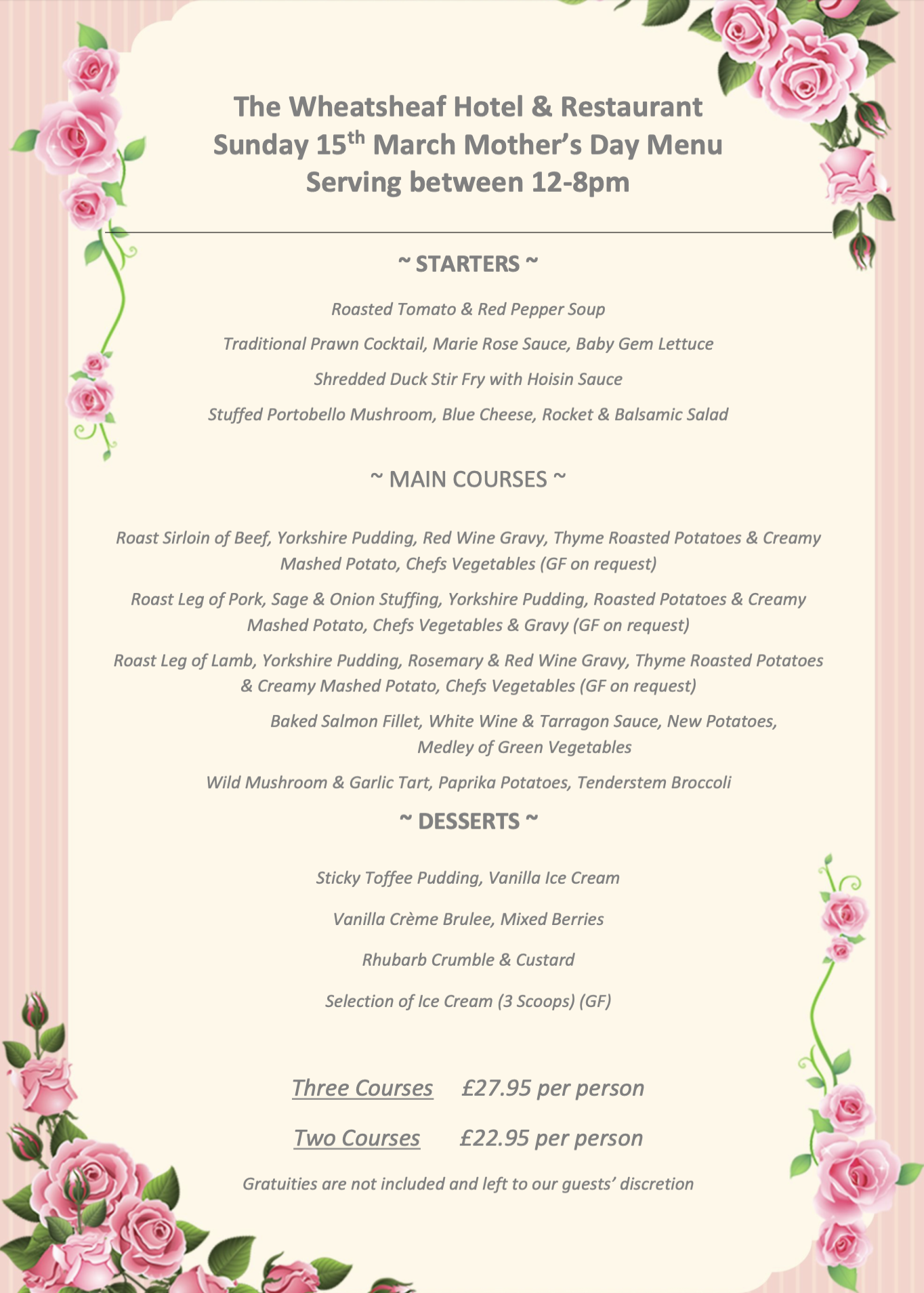 Mothers' Day Menu